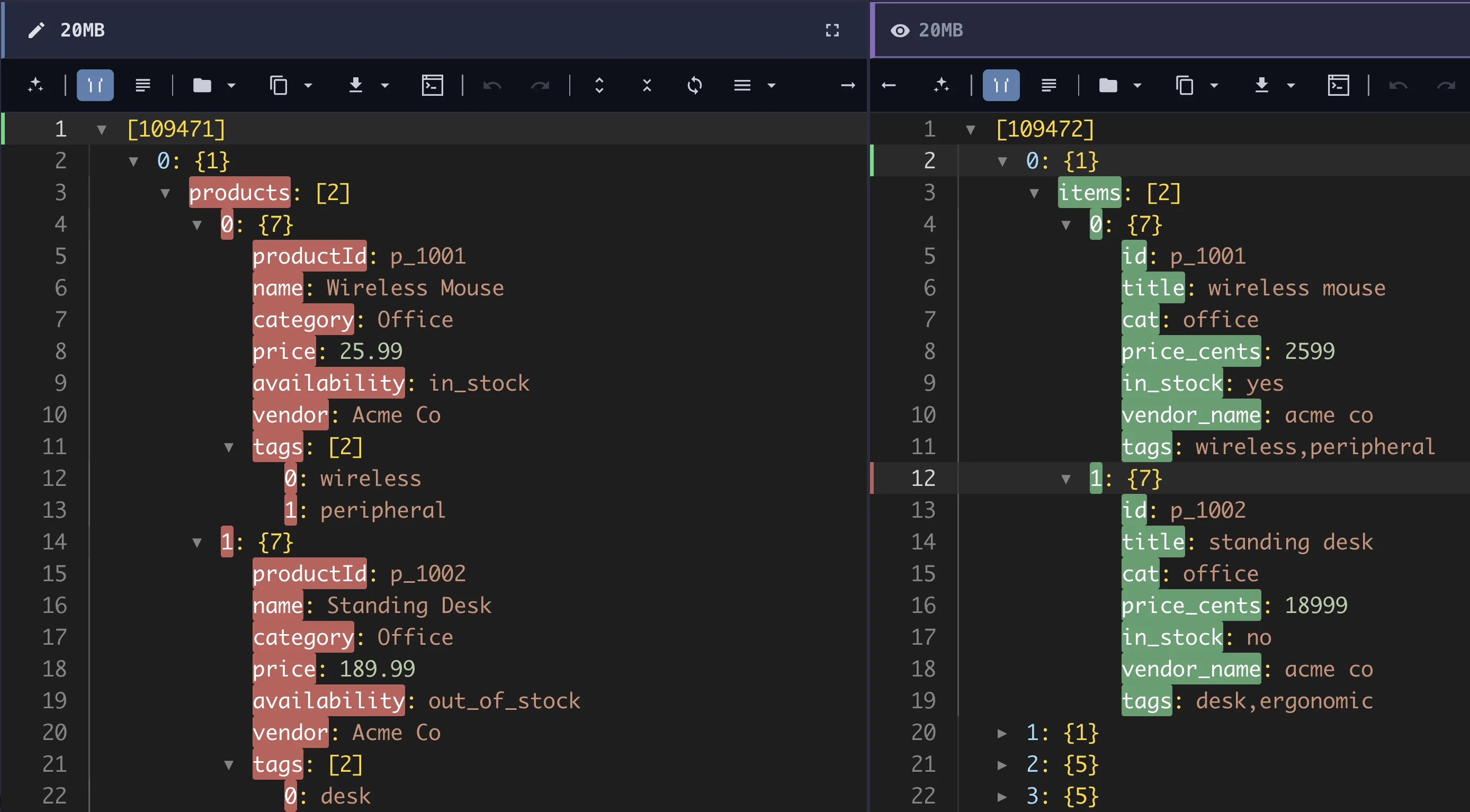 Forge Json editor showing a field-level diff between original and transformed JSON.