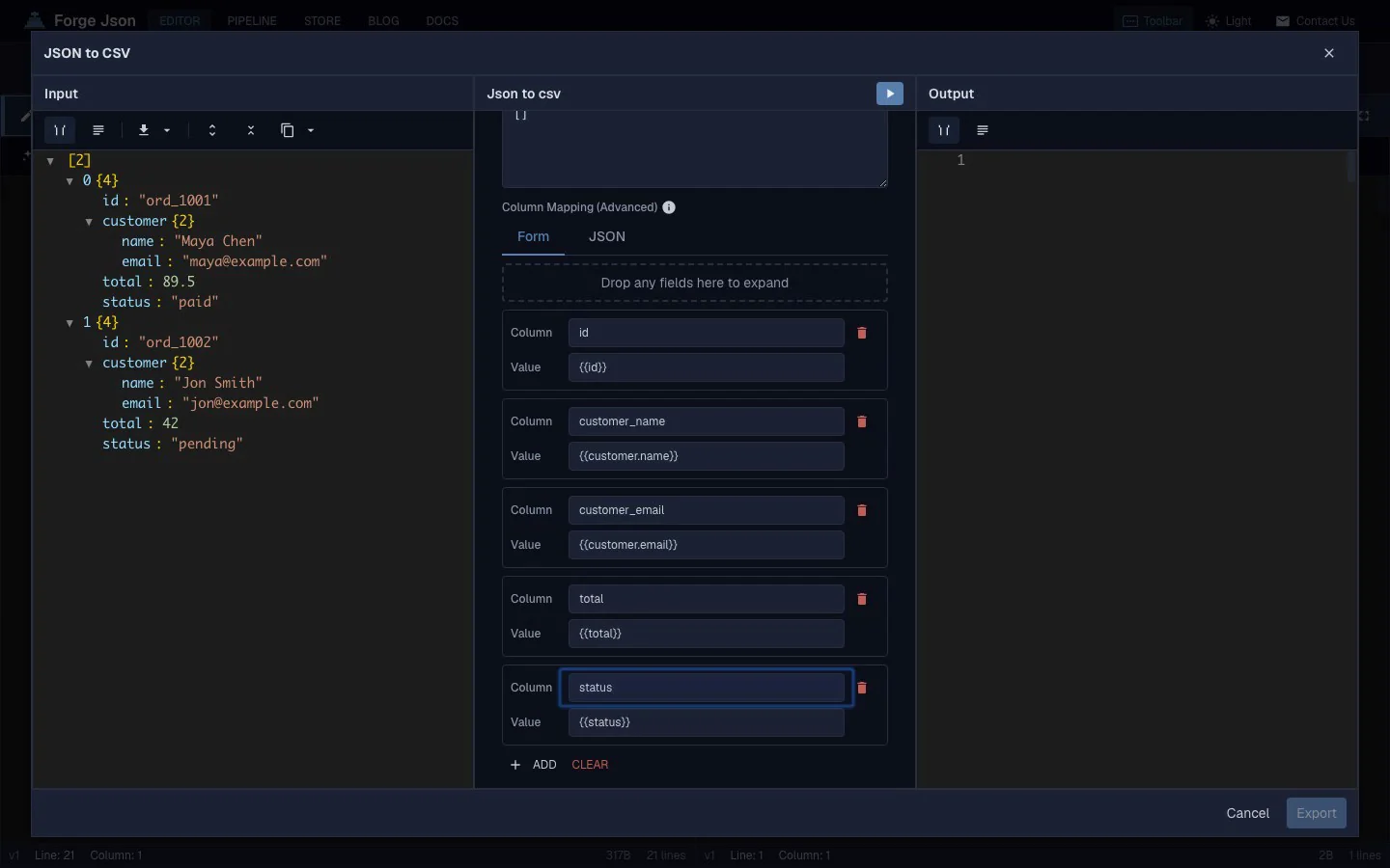 JSON to CSV export workflow mapping JSON fields into CSV columns