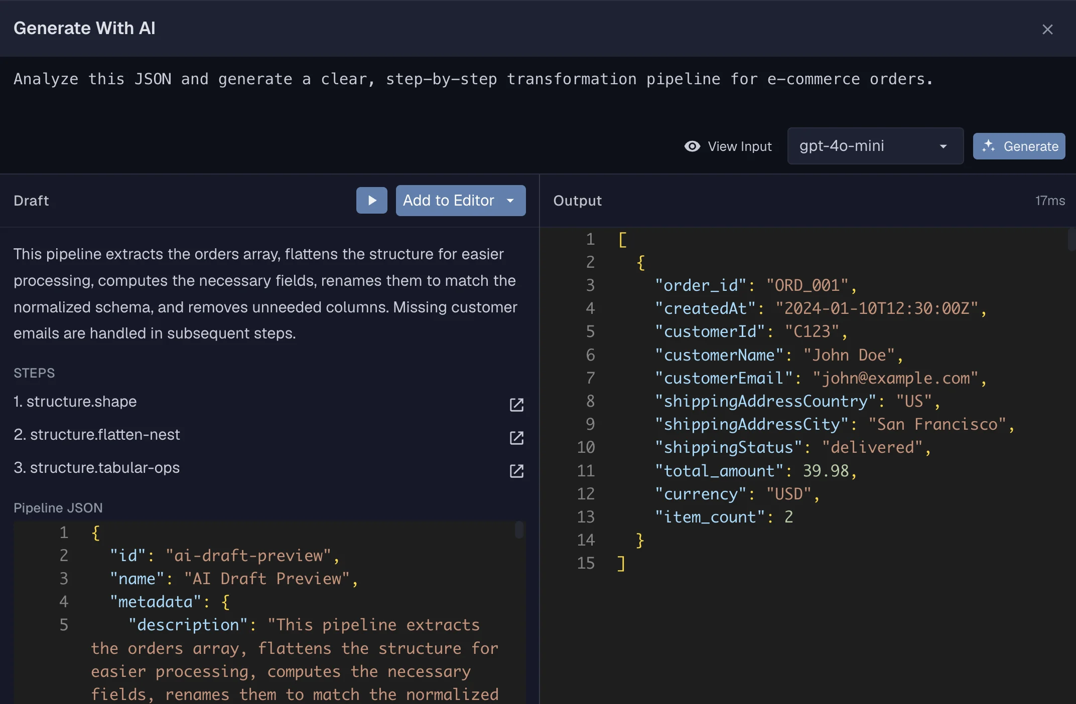 AI Draft workflow generating and applying an e-commerce orders JSON pipeline